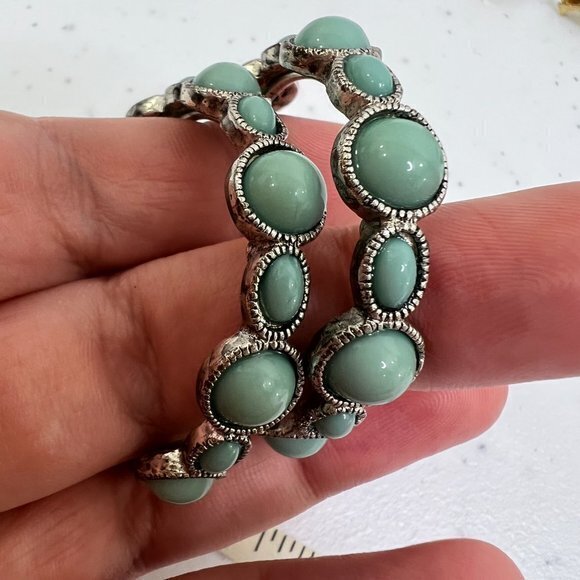 Faux Turquoise Hoop Earrings Silver Tone Pierced Circle Western Southwest Cowboy - Picture 4 of 8